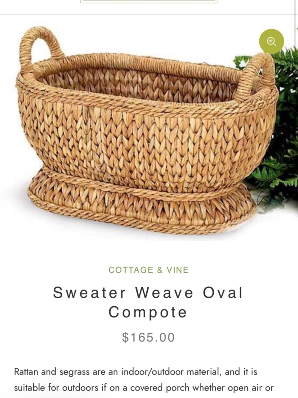 Cottage & Vine Sweater Weave Oval Compote - Natural Seagrass